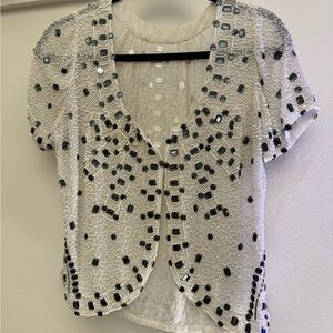 Vintage Jasmine Kim Beaded Bolero Jacket Pearl & Black Crystal Evening Shrug